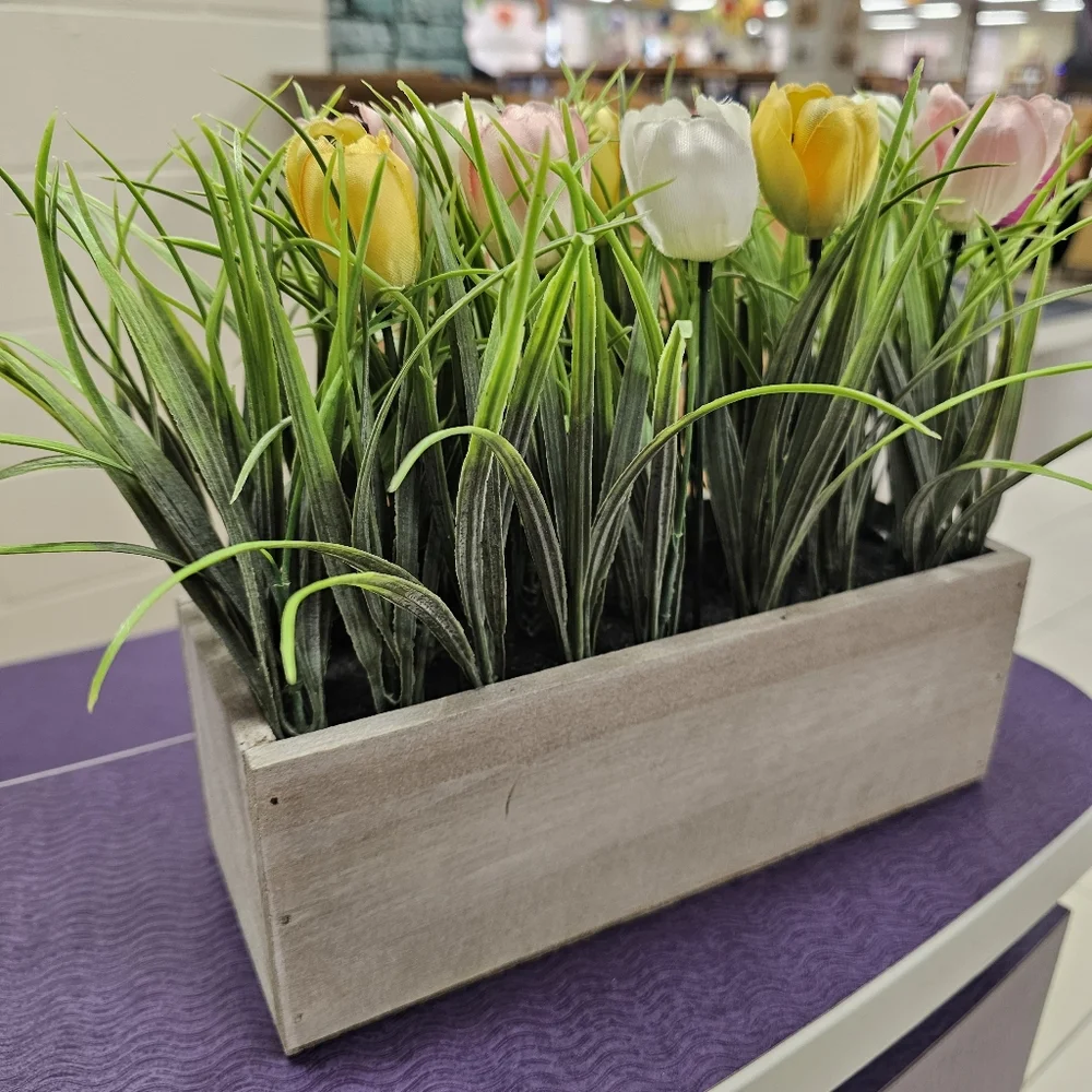 Artificial Tulip Arrangement in Wooden Box - Spring Floral Centerpiece Farmhouse